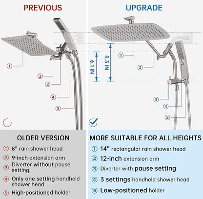 G-Promise All Metal 14 Inch Rain Shower Head with Massage Mode Handheld Spray Combo, 3-Way Diverter with Pause Setting, Full Body Coverage, Modern Bathroom Upgrade (Brushed Nickel)