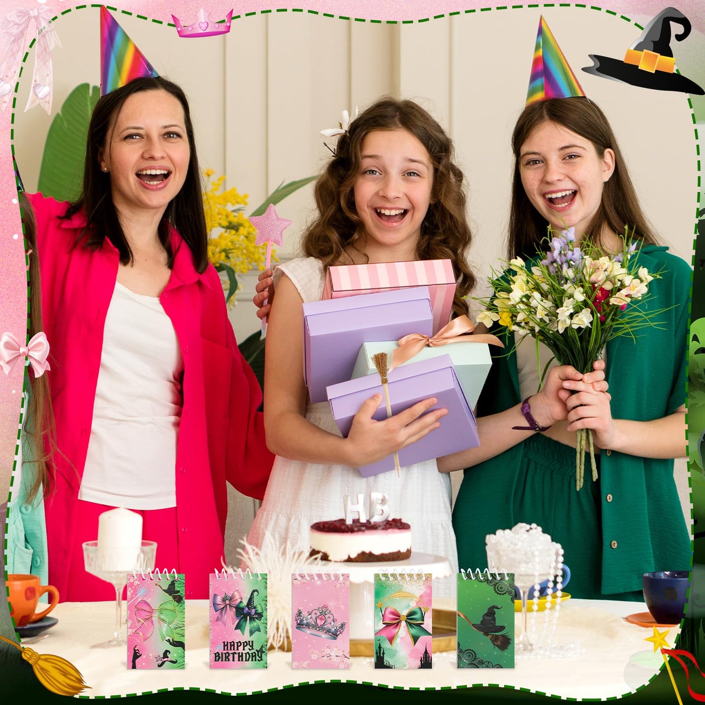 libfrnt 40 Pcs Princess and Witch Party Favors Include 10 Witch Broom Pencils 10 Pink Star Ballpoints 20 Mini Notebooks for Wizard Birthday Witch Halloween Party Supplies