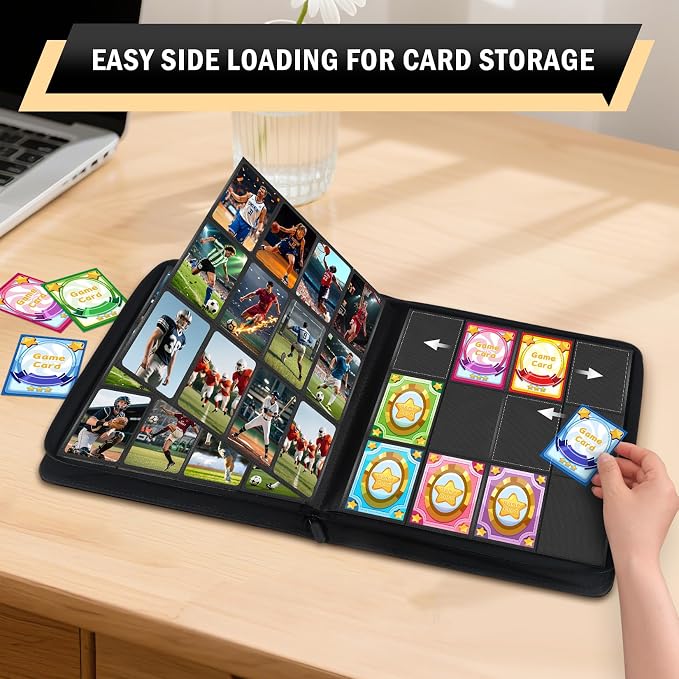 12 Pocket Zipper Trading Card Binder, 720 Large Capacity Side Loading Non-Ring Card Album, Double Sided Acid-Free Card Protector Binder for TCG, MTG, Sport Card, Yellow
