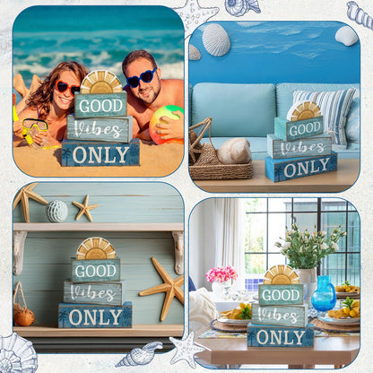 Lineshading 4 Pcs Beach Themed Table Decor Good Vibes Only Wood Block Sign Wooden Sunshine Beach Tiered Tray Decorations Summer Centerpiece Decor Funny Farmhouse Summer Decorations for Home Shelf