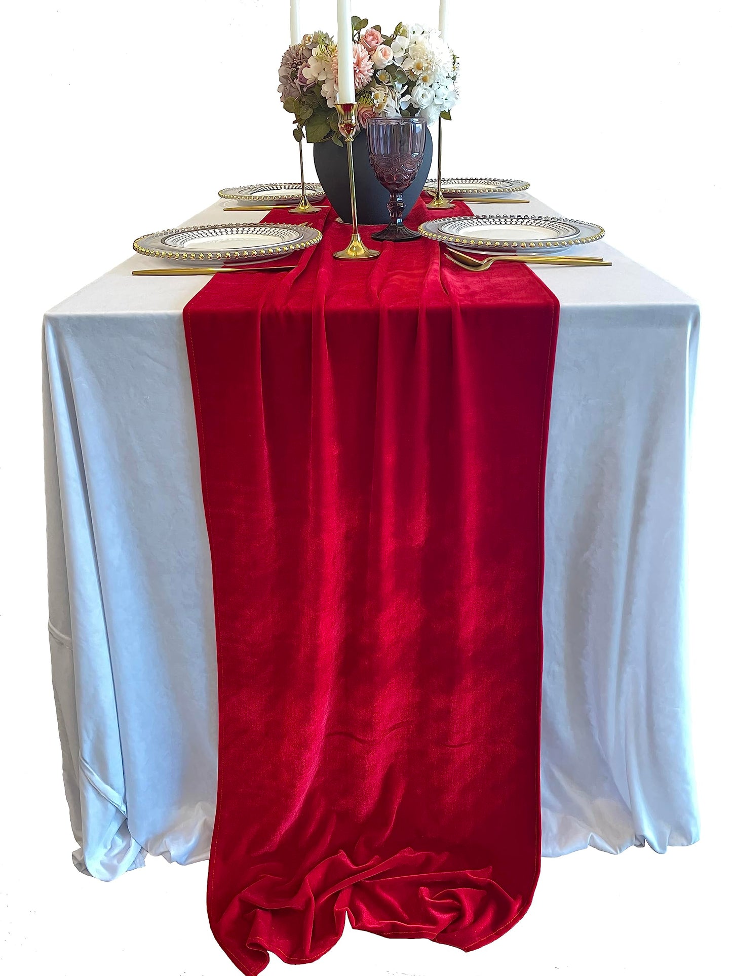 BTF HOME Velvet Table Runner, 10ft Luxurious Wedding Reception Decorations Soft Velvet Fabric Table Linen Overlay for Party (20 x 120 inch, Red)