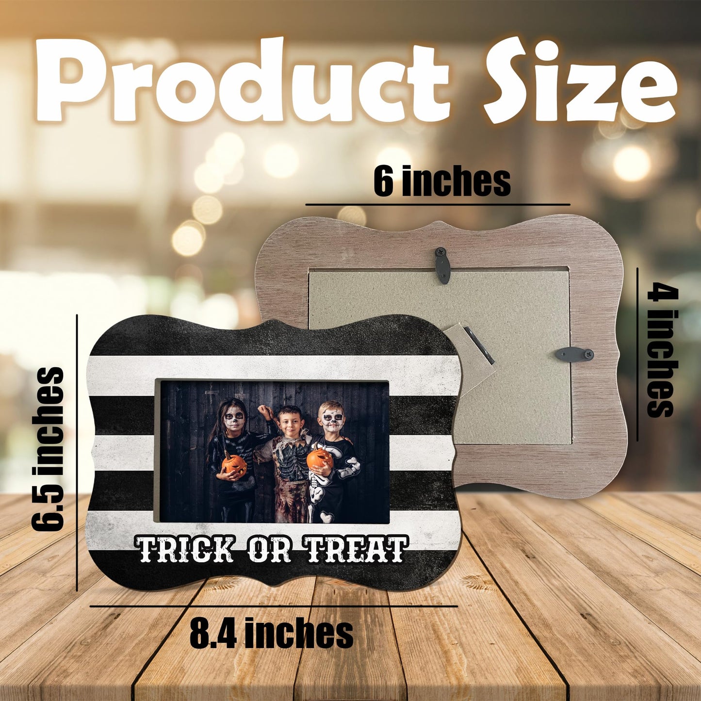 Halloween Photo Frame for 4'' x 6'' Pictures - Trick Or Treat Wooden Tabletop Picture Frame - Rustic Display Decor & Supplies for Home Desk Office Shelf Halloween Party - Favors For Friends Family-A12