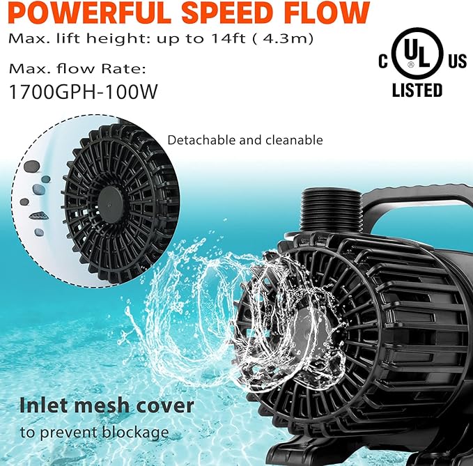 WaterRebirth (1700GPH-120W,UL listed) Large Fountain Submersible Water Pond Sump Pump Aquarium Electric Waterfall Pump Outdoor PS-1700