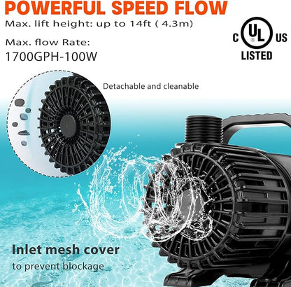 WaterRebirth (1700GPH-120W,UL listed) Large Fountain Submersible Water Pond Sump Pump Aquarium Electric Waterfall Pump Outdoor PS-1700