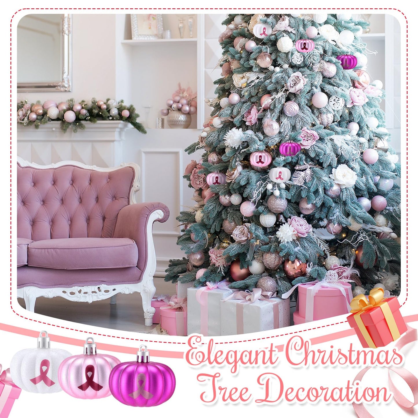 Vertintong 12 Pcs Christmas Hanging Ornaments for Tree 3D Pink Pumpkin Pendants Breast Cancer Awareness Sign Christmas Ornaments for Xmas Tree Party Decor (Flat Style)