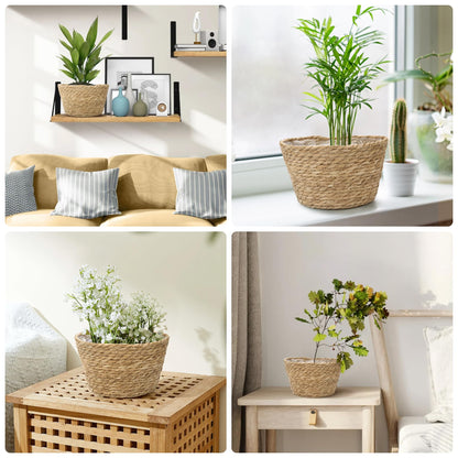 Athaliah Woven Plant Basket Set of 3 with Plastic Liner, Indoor Planter Baskets for Floor Plants, Water Hyacinth & Corn Husk Basket Planters, Decorative Rustic Boho Home Decor