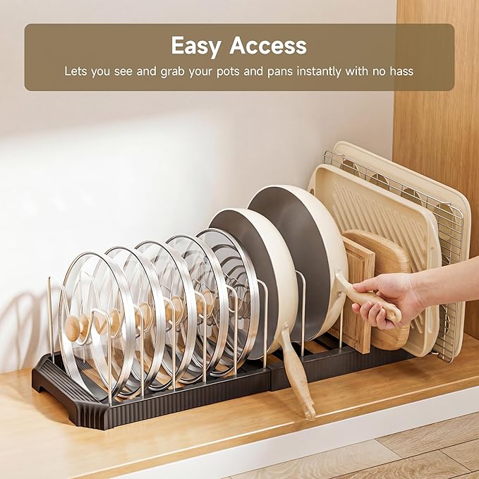 MUDEELA Pots and Pans Organizer under Cabinet, Expandable Rack with Pot Lid Holder and 12 Adjustable Dividers, Pan Organizers inside Cabinet for Kitchen Organization, Cutting Boards, Baking Sheets