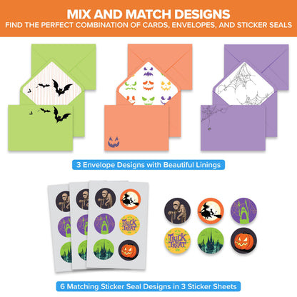 Decorably 18 Pack 5x7in Happy Halloween Cards with Envelopes and Stickers, 6 Adorable Designs Halloween Card Pack with Printed Message Inside