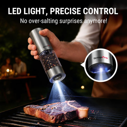 TempPro 100ml Electric Salt and Pepper Grinder Set Rechargeable, Automatic Pepper Grinder Shakers with External Adjust, Refillable Pepper Mill, Gift for Him Dad Father(Previously ThermoPro)
