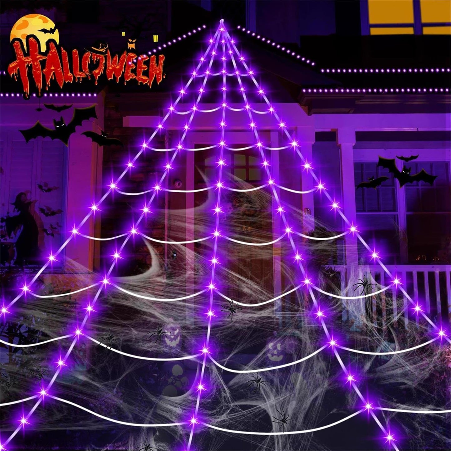uesreaxy Halloween Decorations Outdoor, 250LED 23x18 FT Giant Spider Web with Purple Lights, Lighted Triangular Black Spider Web with Sturdy Wire, Waterproof, Timer, 8 Modes for Yard Halloween Décor