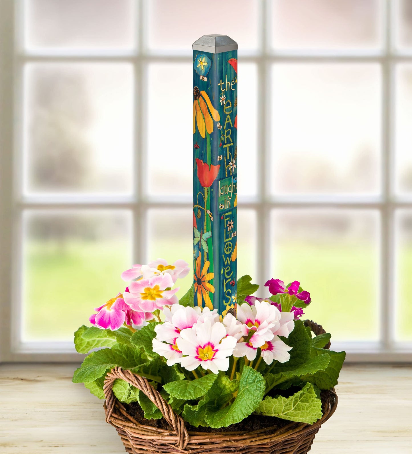 Studio M Art Pole, PVC Weather Resistant Pole with Vinyl Bowl 16 inches Tall Outdoor Decoration for Gardens, Patios, Yards, Landscaping and Birding Accessories, Earth Laughs in Flowers