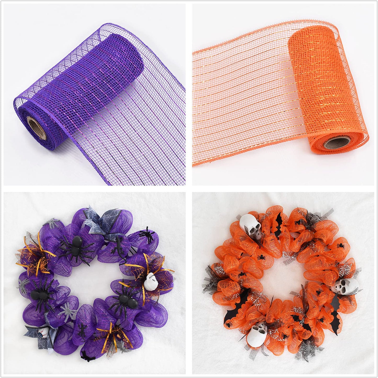 3 Rolls 6 inch x 30 feet Metallic Mesh Deco Poly Mesh Ribbon Roll, Metallic Foil Orange/Purple/Black Deco Mesh Ribbon for Wreaths, Swags and Halloween Decor