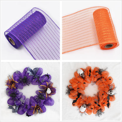 3 Rolls 6 inch x 30 feet Metallic Mesh Deco Poly Mesh Ribbon Roll, Metallic Foil Orange/Purple/Black Deco Mesh Ribbon for Wreaths, Swags and Halloween Decor