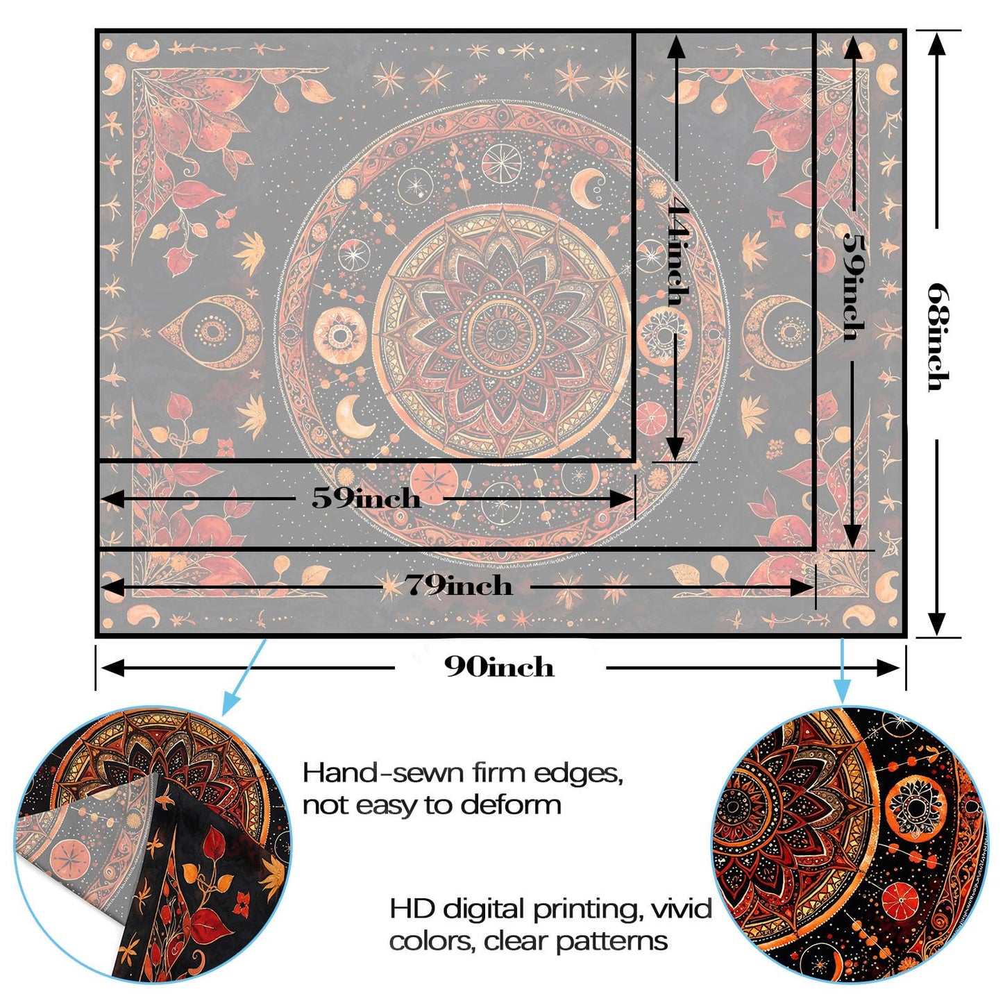 Lunerfex Mandala Moon and Stars Tapestry Boho Tapestry for Bedroom Black and Orange Tapestries Wall Hanging Living Room Wall Art and Home Decor 70x90