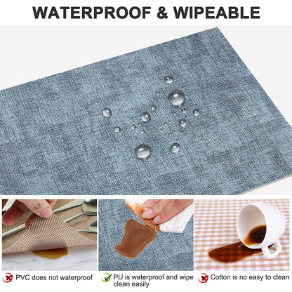 LANDVIEW Leather Heat Resistant Placemats Set of 6 Waterproof Wipeable Washable PU Table Mats,Easy to Clean Anti-Slip (6, Blue)
