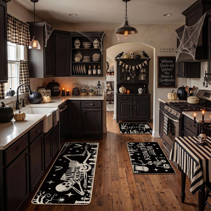 Drydiet 3 Pcs Halloween Kitchen Mats and Rugs Sets Spooky Skeleton Kitchen Floor Door Mat Non Slip Washable Gothic Runner Rug Halloween Decorations for Home Laundry Room Sink Holiday Party Decor