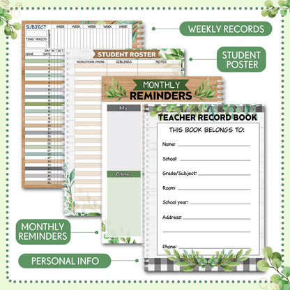 Fuyoooo Teacher Record Book Teacher Grade Books 2026-2027 Spiral Bound Record Planner 2026 Class Grade Book Office Favors for Classroom Attendance Decoration Double Sided(Boho Plant)