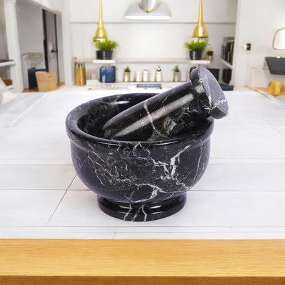 Marble Hives Hand Grinder Marble Mortar & Pestle Set – 4 Inch Black Kitchen Tool Set for Guacamole, Herbs, Spices, Pill Crushing, Fine Powder Grinding & Coffee – Premium Stone Mortar (Large)