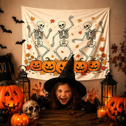 YTRG Fall Halloween Skeleton Tapestry, Gothic Halloween Tapestries Wall Hanging for Bedroom, Funny Dancing Skeleton Fall Pumpkin Tapestry Wall Decor Backdrop for Living Room Home, 50x60 Inch