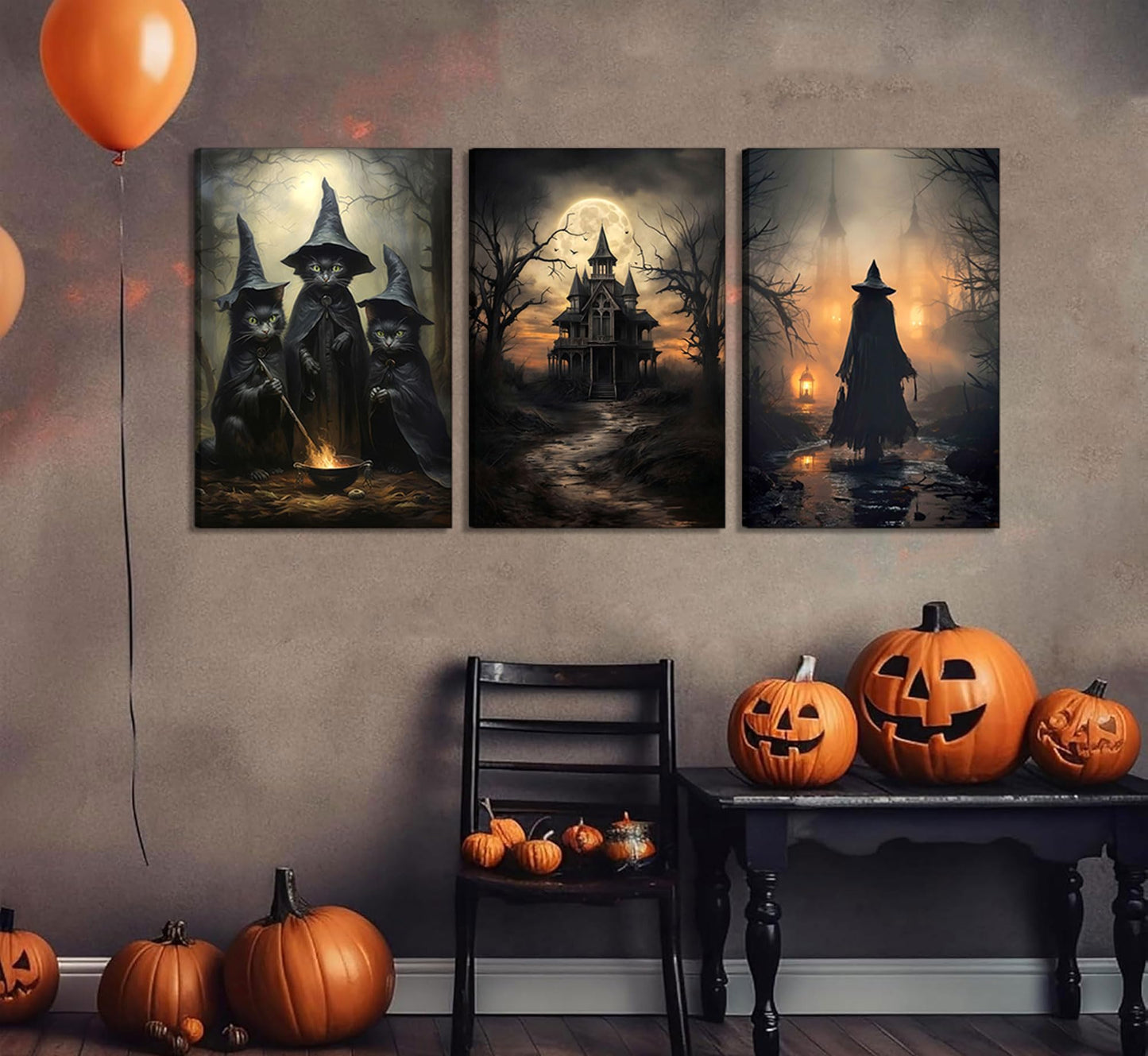 3pcs Halloween Canvas Wall Art Dark Academia Scary Witch Black Cat Castle Wall Decor Pictures Thriller Horror Gothic Posters Prints for Halloween Party House Decoration Prepare to hang