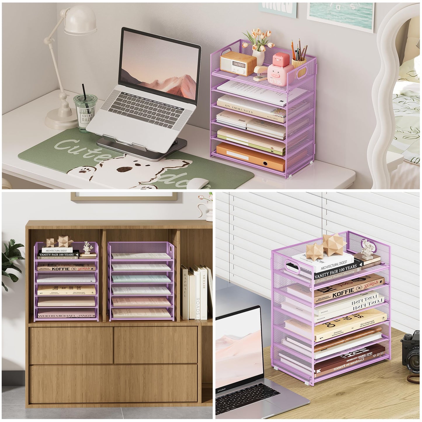 Subekyu 6-Tier Desk Paper Organizer, Desktop File Letter Tray with Handle, Document Sorter and Accessories Holder for Office, Home and School Workspace Organizers, Purple-2 Pack