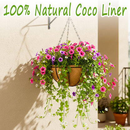 SMYAXUNW 2 Pack Hanging Planters 12 Inch Metal Hanging Planter Basket Flower Pots with Coco Coir Liners Round Wire Plant Holder for Indoor Outdoor Patio Porch Garden Railings Decoration