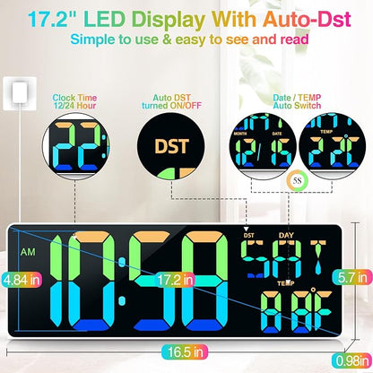 17.2" Large Digital Wall Clock 10 RGB Colors 9 Group Timer Remote Control | Large Display for Living Room Classroom Garage LED Wall Clock with Temperature Date Week Auto DST Gift for Senior Mom Dad