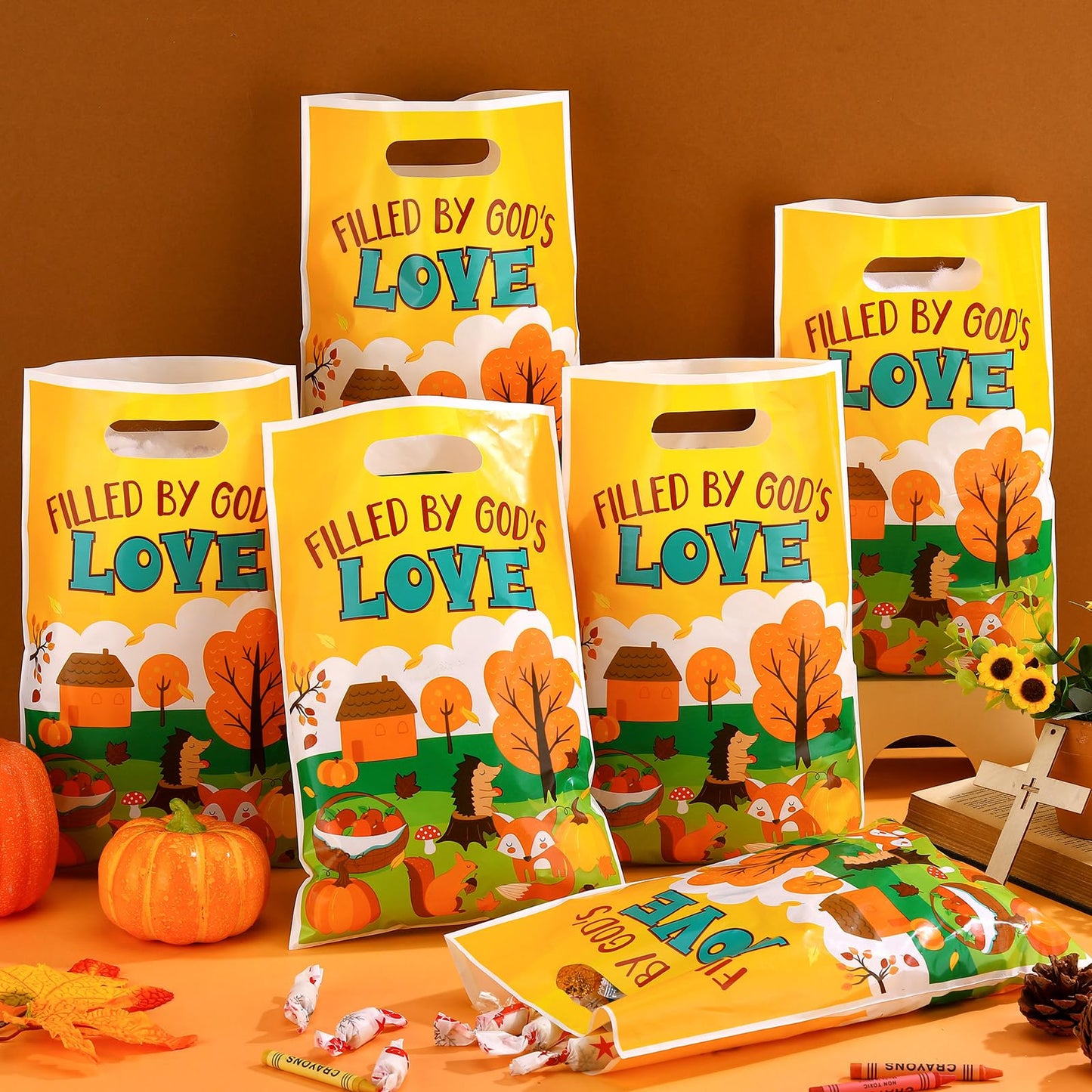Panelee 100 Pcs Fall Religious Plastic Goody Bags with Handles Christian Treat Bags for Harvest Thanksgiving Cross Candy Gift Bag for Church Party Supplies Party Favor Decoration