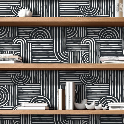 Livelynine Geometric Peel and Stick Wallpaper Black and White Modern Mid Century Geometric Abstract Wall Paper Contemporary Minimalist Lines 17.5x78.8 Geometric Pattern Contact Paper for Cabinets