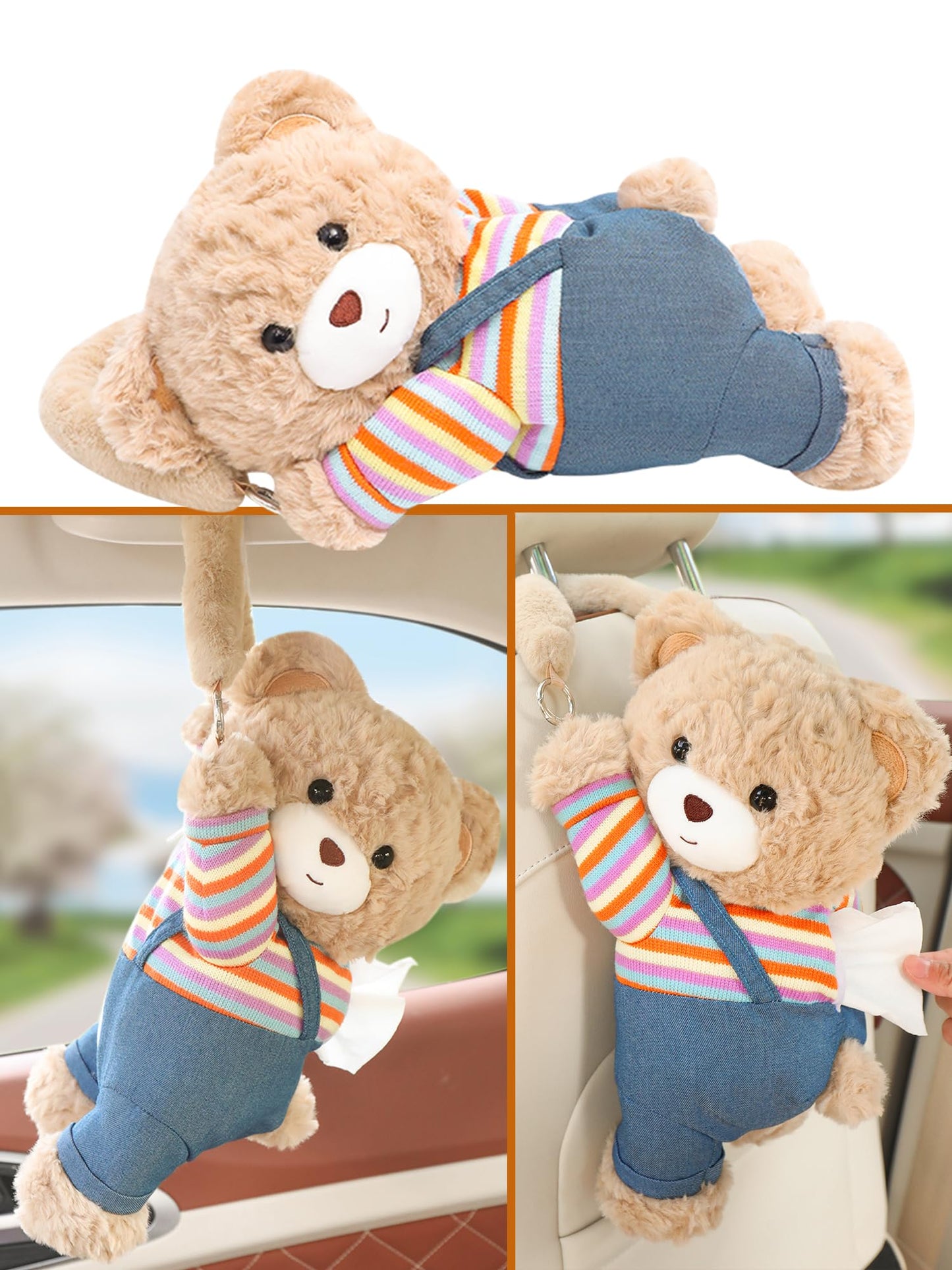 VimoDemo Cute Car Tissue Holder Accessories Animal Teddy Bear Funny Plushie Plush Hanging Tissue Cover Box in Car Decorative Tissue Storage for Home Bathroom Bedroom Office