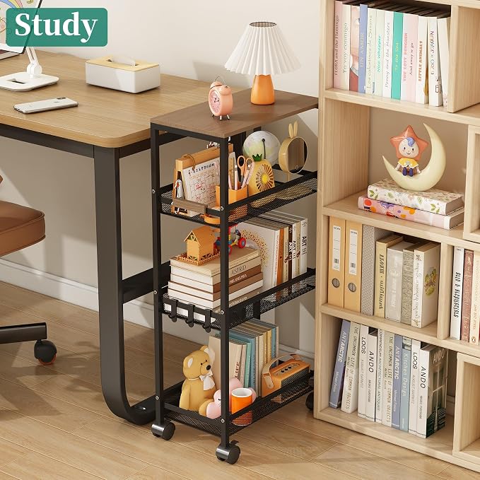 Utility Slim Storage Cart, 4 Tier Rolling Cart with Wheels, Laundry Shelves with Wood Top, Narrow Cabinet for Bathroom Organization, Small Organizer for Kitchen, Office and Dorm (Black, 9.1'')