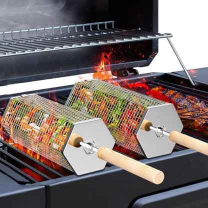 ivtivfu Rolling Grill Baskets (Hexagon), Removable Wooden Handle, 304 Stainless Steel, Nesting BBQ Accessories Tools for Vegetables Shrimp, Outdoor Cooking Camping, Birthday Gifts for Men Dad Husband