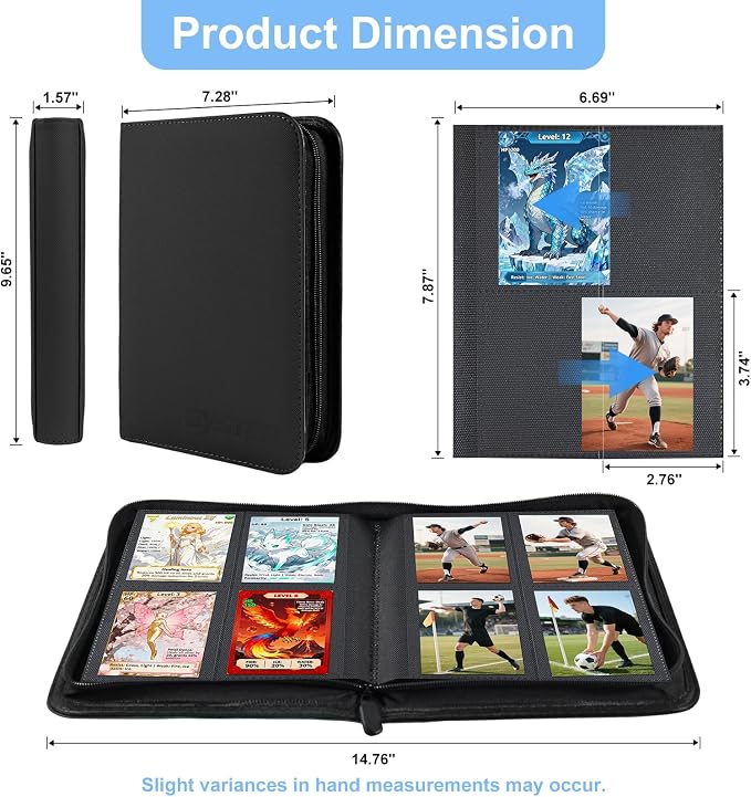 BYSTER 4 Pocket Card Binder, Premium PU Trading Card Binder with Zipper, 160 Capacity Side-Loading Binder for TCG, MTG, Sports Cards, Game Cards, Black
