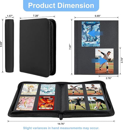 BYSTER 4 Pocket Card Binder, Premium PU Trading Card Binder with Zipper, 160 Capacity Side-Loading Binder for TCG, MTG, Sports Cards, Game Cards, Black