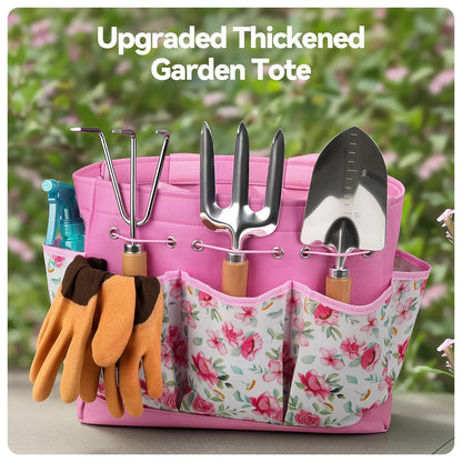 Grenebo Gardening Tools 9-Piece Heavy Duty Garden Hand Tools with Fashion and Durable Garden Tools Organizer Handbag, Rust-Proof Garden Tool Set, Ideal Gardening Gifts for Women (Pink)