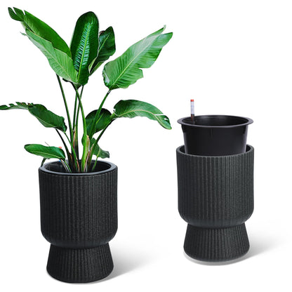 GarveeLife 14.2 in Planters Set of 2, Outdoor＆Indoor Black Planter Pots, Planter Pots with Inner Bucket and Water Level Monitor, for Patio, Porch, Living Room, or Home Office, Classic Black