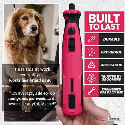 Diamondg Cordless Dog Nail Grinder with Quiet Sound & LED Tip for Large & Small Dogs, 4hrs. Runtime - Electric Dog Nail Trimmer, Heavy Duty Rotary Tool Alternative to Toenail Clippers & Filers