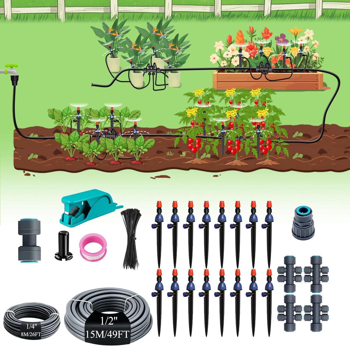 MYMULIKE Drip Irrigation System, 1/2" Main Pipe & 1/4" Branch Pipe, Adjustable Drip Emitters, Automatic Irrigation Kit Garden Watering System for Flower Bed, Raised Beds, Lawn, Greenhouses