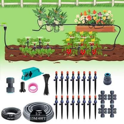 MYMULIKE Drip Irrigation System, 1/2" Main Pipe & 1/4" Branch Pipe, Adjustable Drip Emitters, Automatic Irrigation Kit Garden Watering System for Flower Bed, Raised Beds, Lawn, Greenhouses
