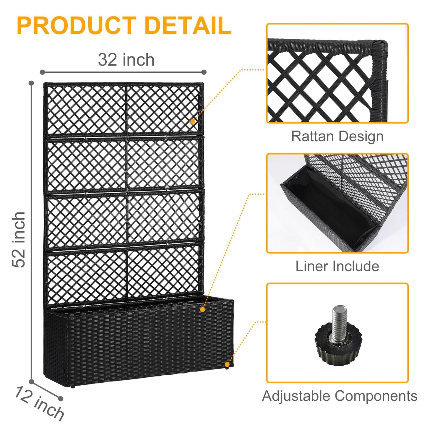 52’’ H Garden Planter Box with Trellis Outdoor for Vine Climbing Plants, Flowers Handwoven Rattan Garden Bed with Removable Liners for Backyard Patio Balcony