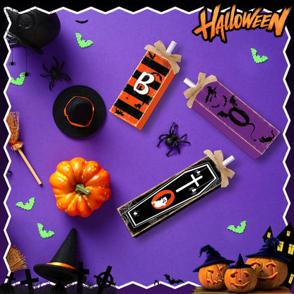 3 Pcs Boo Halloween Sign Wooden Tiered Tray Decor, Witch Black Cat Cross Coffin Table Decor 3D Carving Craft Halloween Decorations Party Tabletop Centerpieces for Home Kitchen Indoor Mantel