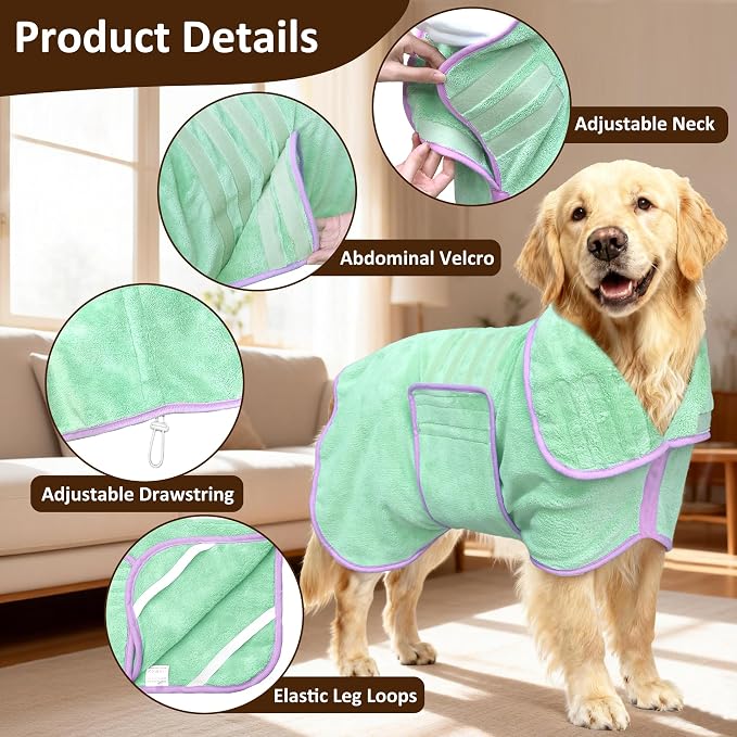 Soft Dog Bathrobe Fast Drying Dog Coat, Super Absorbent Dog Towels for After Bath, Microfiber Pet Robe Adjustable Collar & Belly Warm Keeping Dogs Coat for Pet Dogs & Cats (Green, Medium)