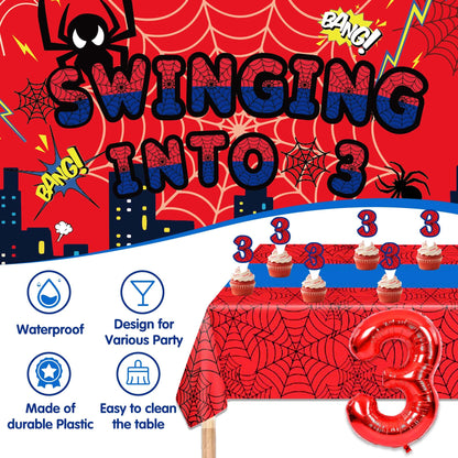 3rd Red Spider Web Birthday Party Decorations For Boy, 3rd Birthday Backdrop Tablecloth Fringe Curtain Balloon Arch,Cake Topper Party Supplies