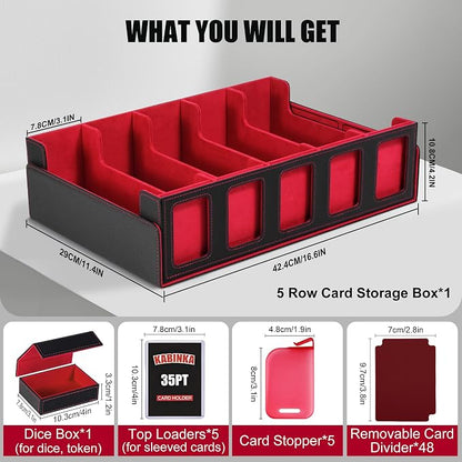 Trading Card Storage Box with Commander Display , 5-Row Deck Case with Removable Lid; 3900+ Card Deck Box for MTG TCG Sports Card, 5 Top Loaders, 5 Stoppers, 48 Dividers,1 Dice Tray (Black Red)