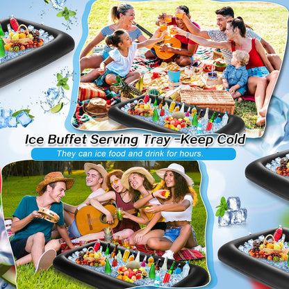 Leitee 3 Pcs Inflatable Serving Bar 52 x 24 x 5'' Ice Buffet Serving Tray Drink Cooler with Drain Plug Inflatable Pool Bar for Party Food Drink Holders with a Hand Pump(Black)