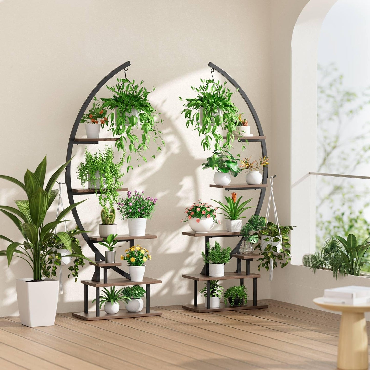 GREENSTELL Plant Stand with Grow Lights, Half Moon 7 Tiered Metal Plant Shelf , Multiple Tier Curved Ladder Flower Pot Stand Display Rack for Indoor Living Room Patio Garden Balcony Dark Brown (2 Pack)