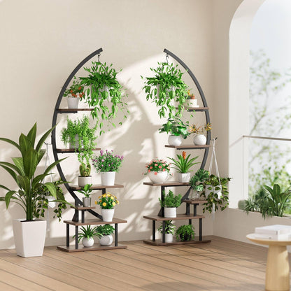 GREENSTELL Plant Stand with Grow Lights, Half Moon 7 Tiered Metal Plant Shelf , Multiple Tier Curved Ladder Flower Pot Stand Display Rack for Indoor Living Room Patio Garden Balcony Dark Brown (2 Pack)
