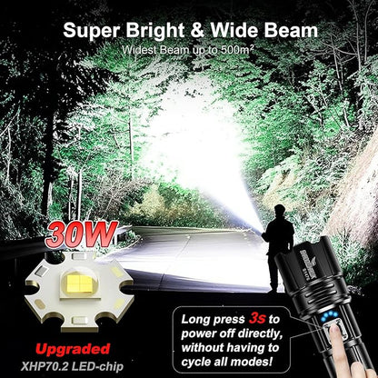Flashlight 10000 High Lumens Rechargeable - 30W Super Bright LED Flash Light | 5000ft Beam & 12H Long Lasting USB C High Powered Handheld Police Flashlight for Home, Camping, Hiking, Emergency