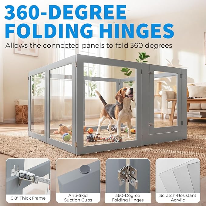 Heavy Duty Clear Acrylic Dog Playpen for Small/Medium Pets – 32" High Clear Pet Pen with Sturdy Metal Frame, Walk-in Kennel, Expandable Indoor & Outdoor Pet Play Yard (Grey, 2 Panel)