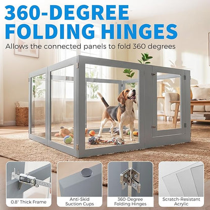 Heavy Duty Clear Acrylic Dog Playpen for Small/Medium Pets – 32" High Clear Pet Pen with Sturdy Metal Frame, Walk-in Kennel, Expandable Indoor & Outdoor Pet Play Yard (Grey, 2 Panel)